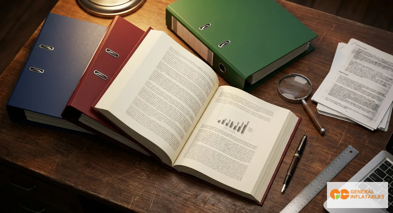 كومة من تقارير اختبار اعتماد المنفوخات التجارية بما في ذلك وثائق EN 14960 وTÜV وRPII على مكتب