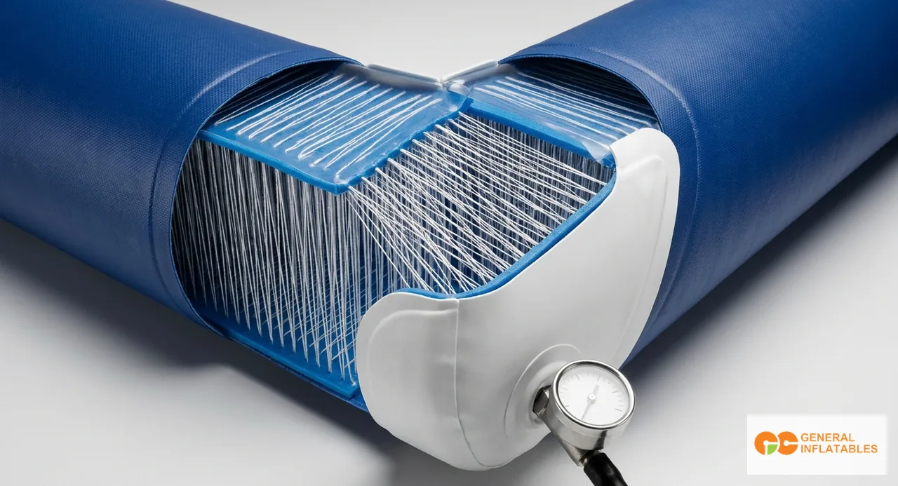 مخطط مقطع عرضي يوضح عارضة خيمة قابلة للنفخ محكمة بالهواء ببناء drop-stitch ذي جدار مزدوج عند ضغط 0.4 bar مشكلاً إطار القوس الصلب