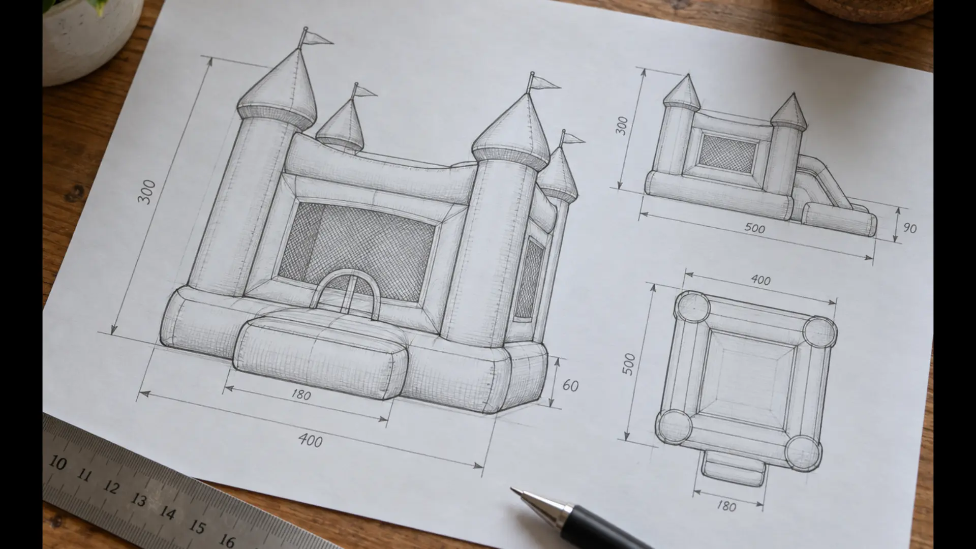 close-up of a printed inflatable spec sheet with dimensions and drawings on a desk