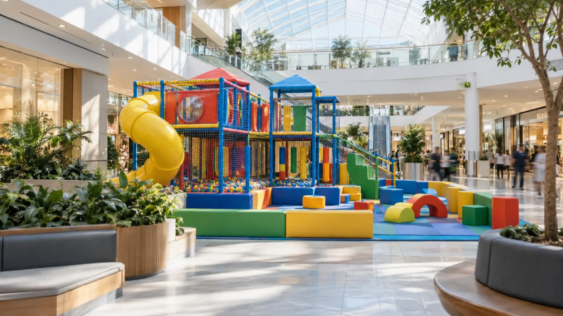indoor soft play equipment installed in a bright shopping mall atrium with skylights