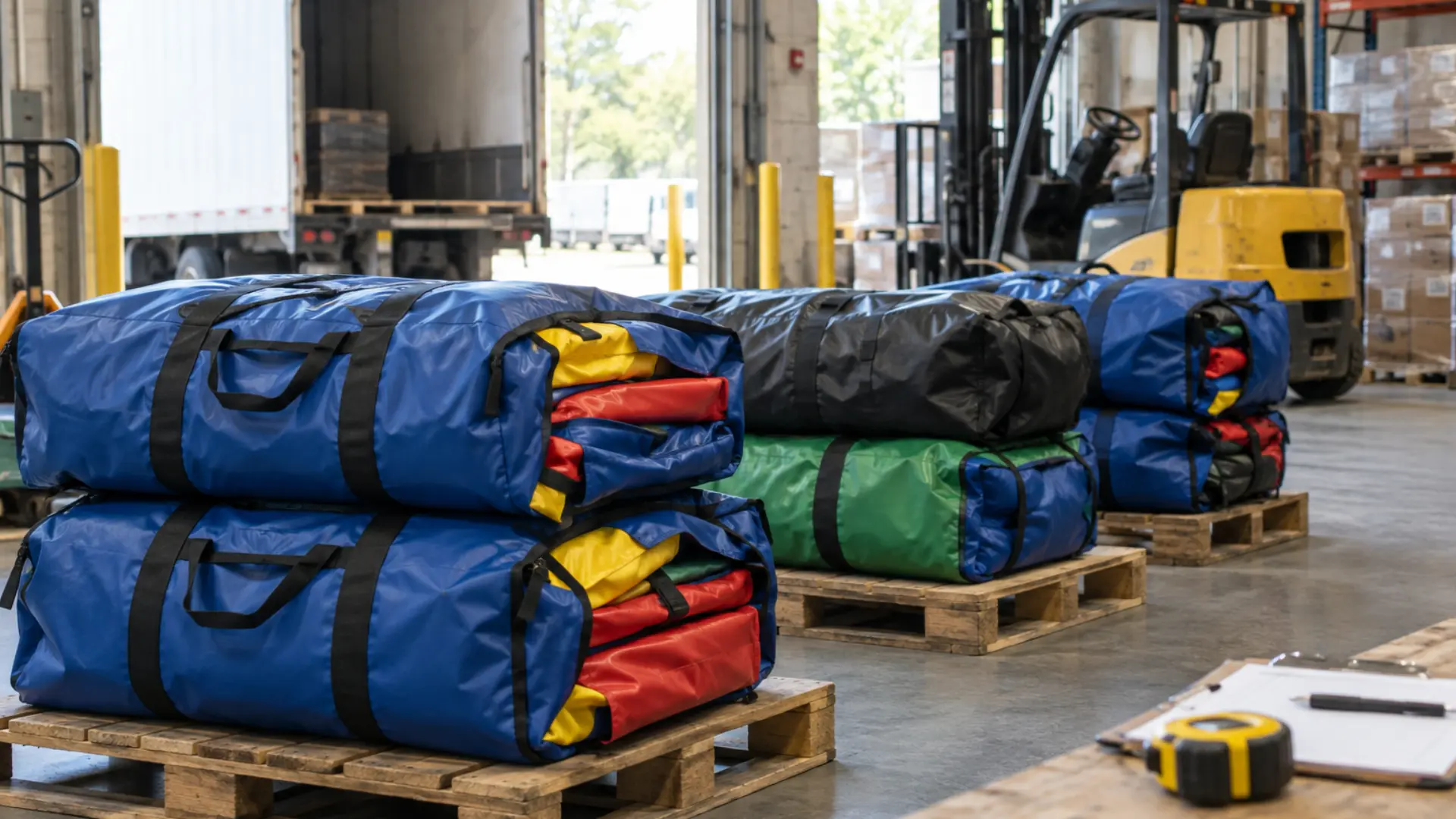 folded and packed commercial inflatable units stacked and measured for container loading