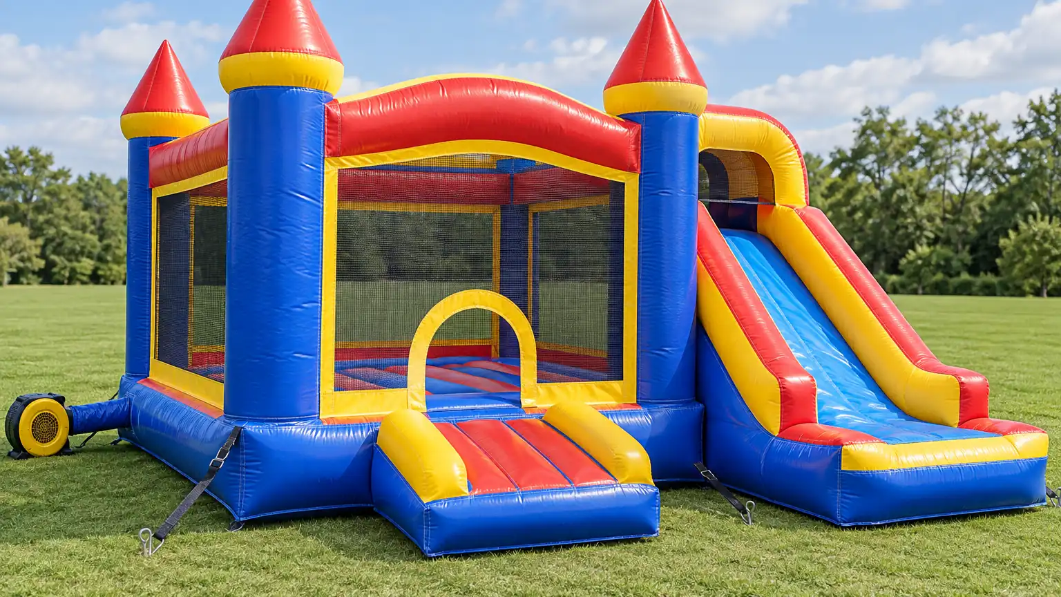 Commercial children's inflatable bouncy castle with attached slide, mesh netting walls, staked anchor points and blower on a grass field