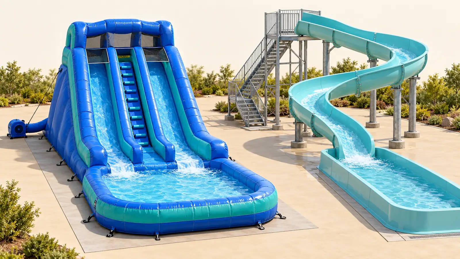 Concept illustration comparing a commercial inflatable water slide with a supported fiberglass slide and separate landing systems