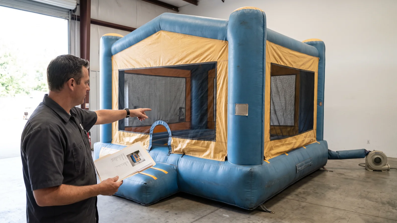AI-generated editorial illustration of a buyer reviewing a commercial bounce house and its records.