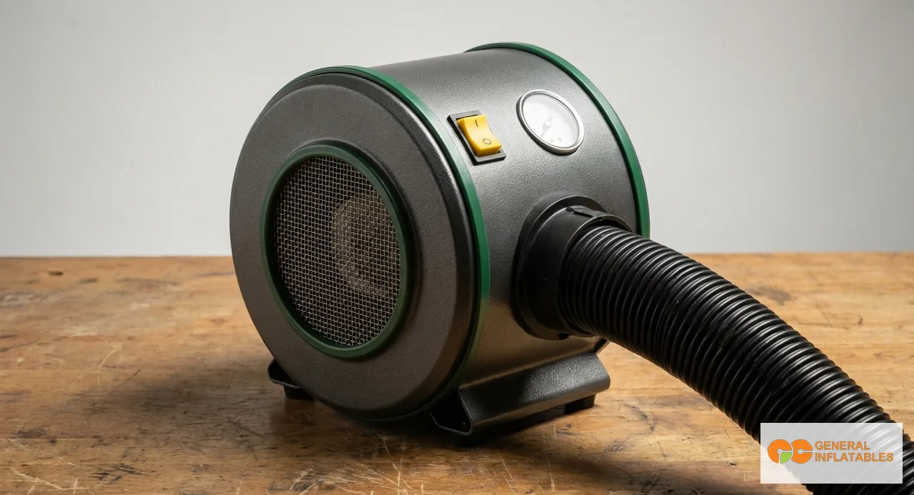 منظر جانبي لمنفاخ تجاري 1.5 HP للمنتجات القابلة للنفخ على العشب بجانب خرطوم التوصيل الذي يغذي قلعة قافزة منشورة، مع مجرى الهواء مرئي بوضوح